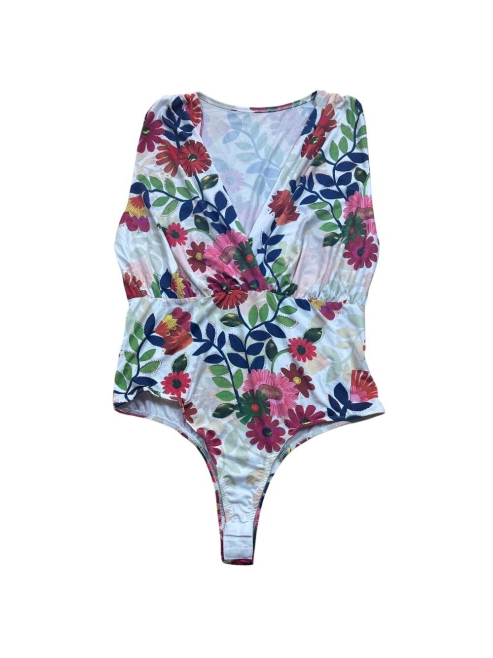 Bodysuit Large White Floral Surplice V Neck Sleeveless Thong Snap Closure Boho